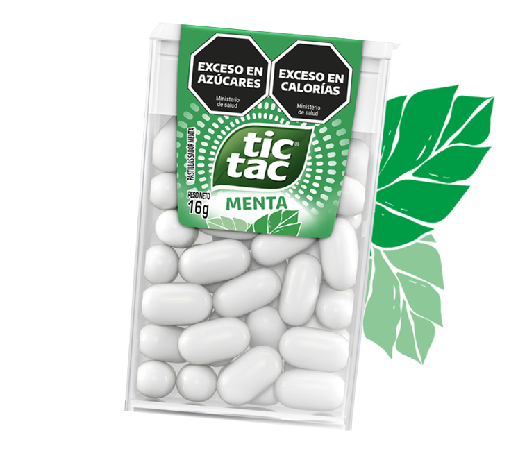 Caja Tic Tac®sabor Menta con stickers de hojas de menta.