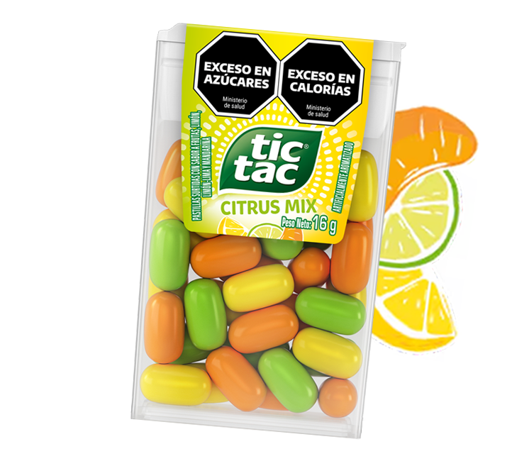 Caja Tic Tac® sabor Citrus Mix, con stickers.