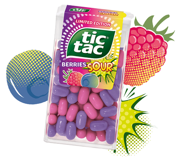 Tic Tac® Berries Sour 54g-Packung mit Fruchtstickern.
