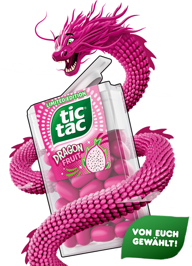 Die Packung Tic Tac® Dragon Fruit umschlungen von einem pinken Drachen.
