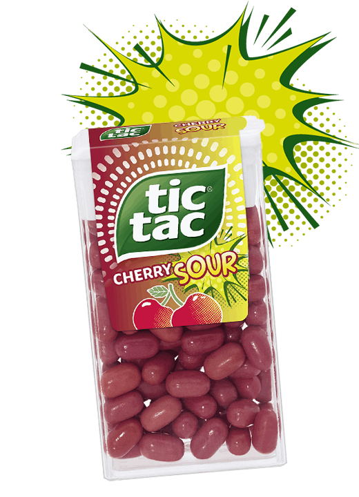 Die Packung Tic Tac® Cherry Sour umgeben von Produkticons Splash/Kirschen.