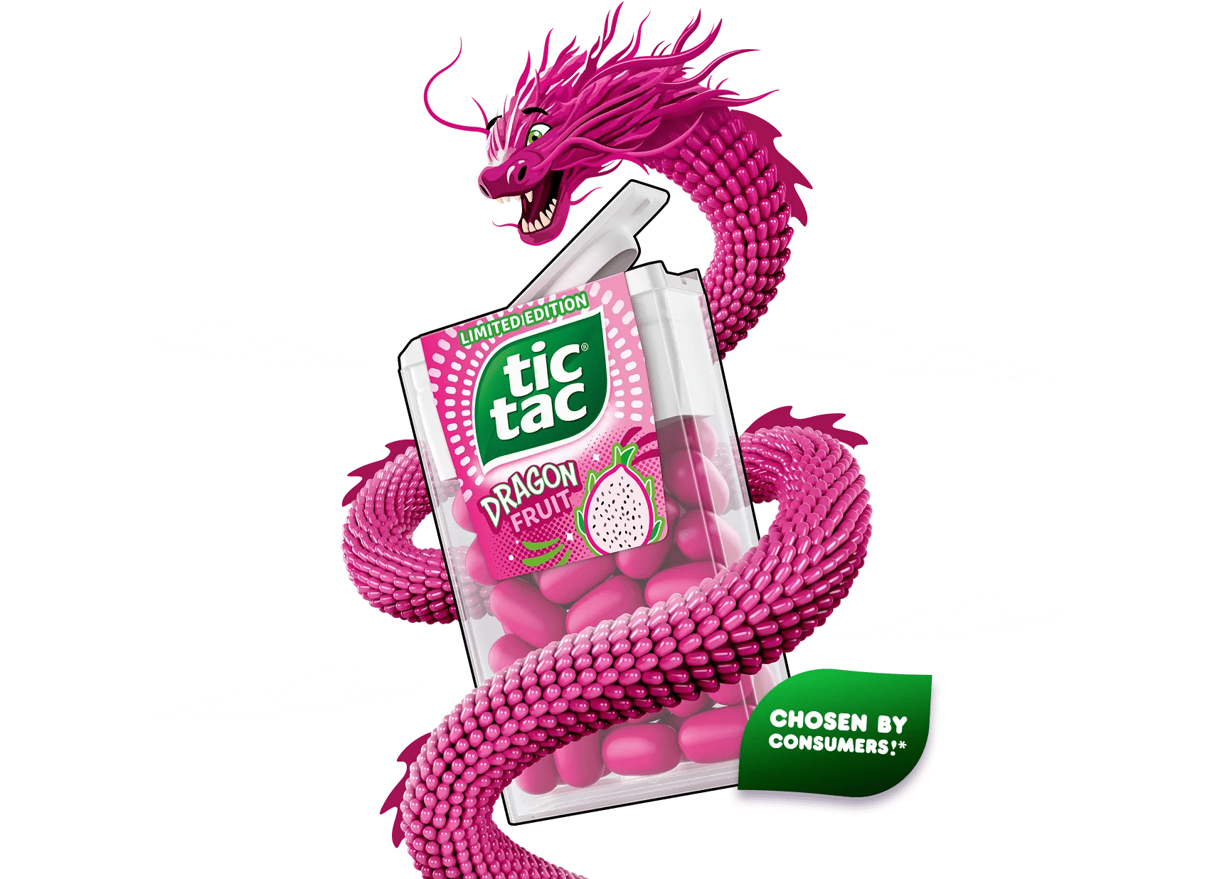Die Packung Tic Tac® Dragon Fruit umschlungen von einem pinken Drachen.