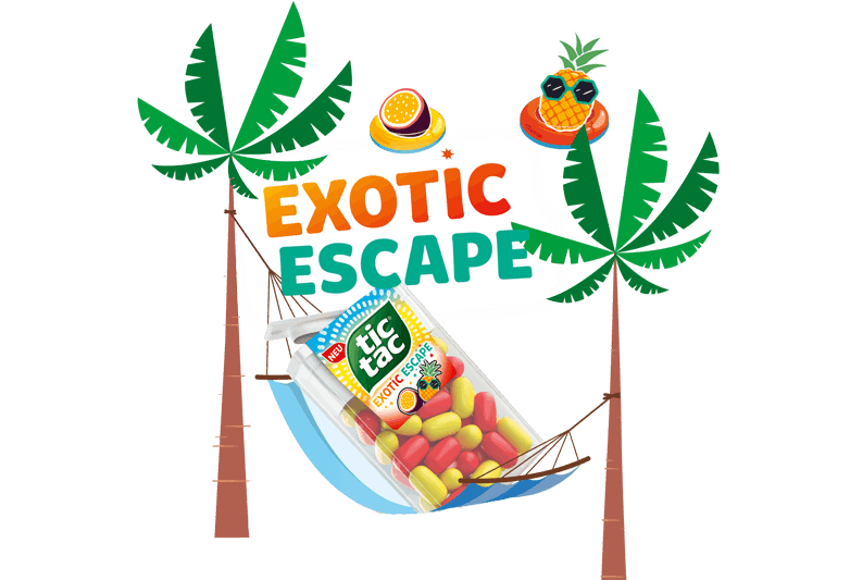 Tic Tac® Exotic Escape exotische Strand Illustration mit Palmen und einer Tic Tac® Packung in einer Hängematte