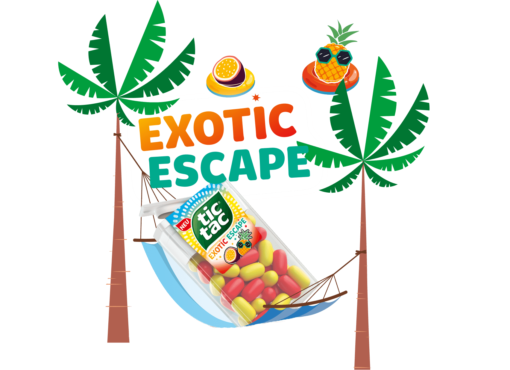 Tic Tac® Exotic Escape exotische Strand Illustration mit Palmen und einer Tic Tac® Packung in einer Hängematte
