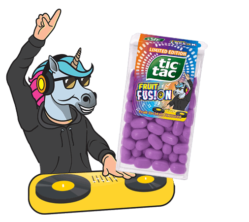 Tic Tac® Fruit Fusion Sticker eines Einhorn-DJs und einer Tic Tac® Fruit Fusion Packung inklusive NEU Sticker