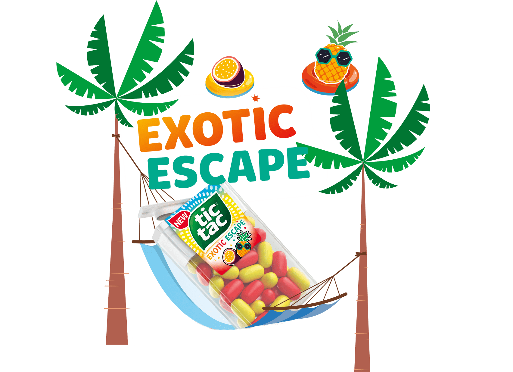 Tic Tac® Exotic Escape maitse illustratsioon kujutab troopilist rannavaadet palmidega ja võrkkiiges kiikuvat Tic Tac®-i pakki.