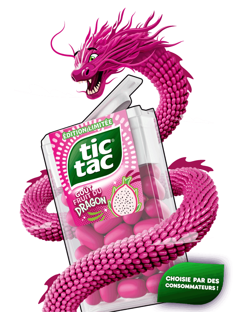 Boîte en édition limitée Tic Tac® Goût Fruit du Dragon enveloppée d'un dragon rose vif.