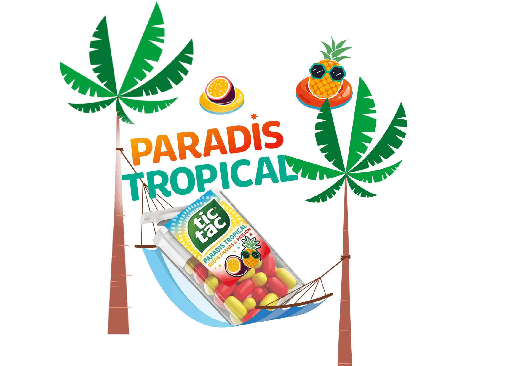 Illustration représentant la saveur Paradis Tropical de Tic Tac® avec une scène de plage tropicale avec des palmiers et un hamac sur lequel est posé un paquet de Tic Tac®.