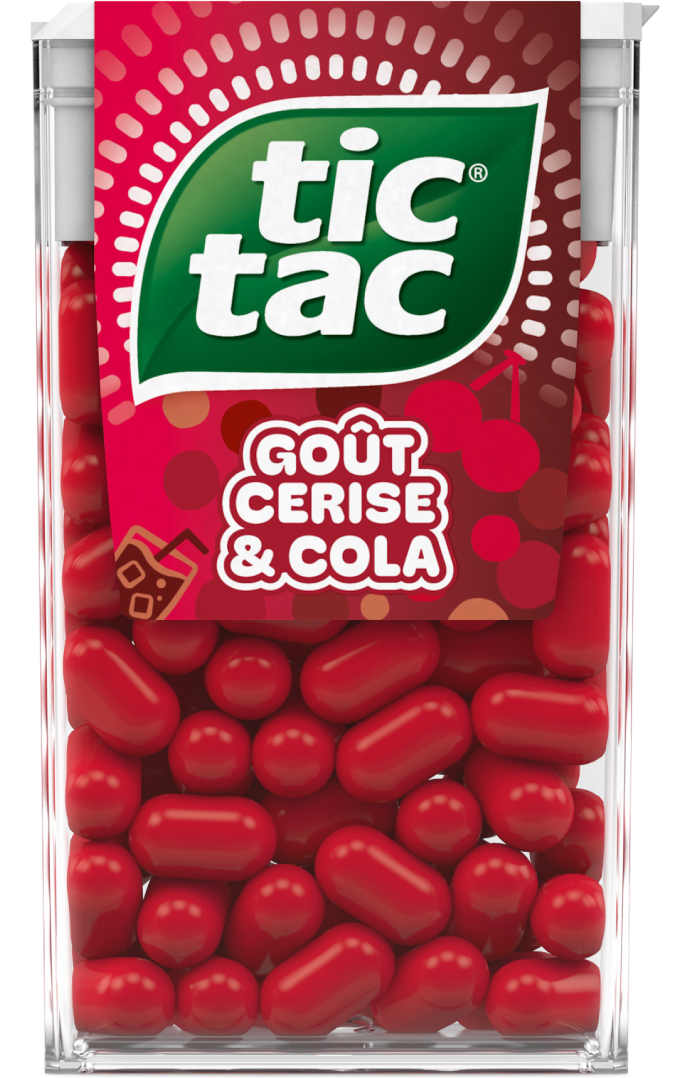 Paquet Tic Tac Cerise Cola rempli de pastilles rouges, saveur cerise et cola.