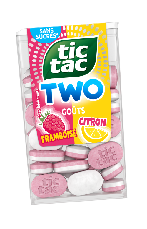 Paquet Tic Tac TWO Framboise Citron avec pastilles roses et blanches.