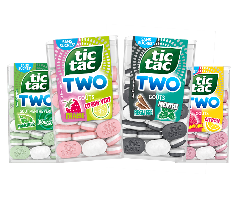 Quatre paquets Tic Tac TWO : menthe, fraise-citron vert, réglisse-menthe et framboise-citron.