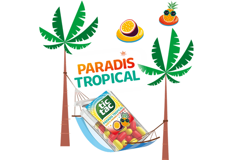 Illustration de la saveur Tic Tac® Paradis Tropical représentant une plage tropicale avec des palmiers, un hamac et un paquet de Tic Tac.