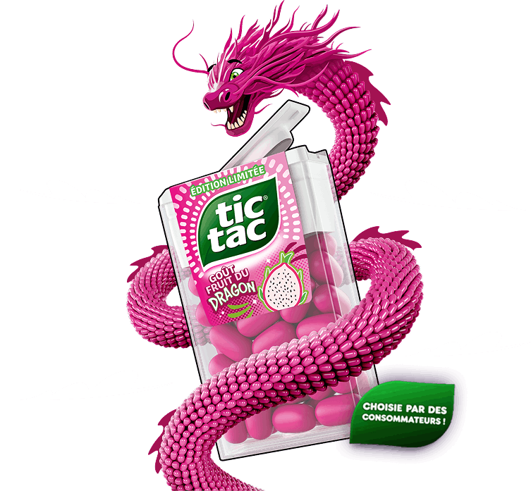 Boîte en édition limitée Tic Tac® Goût Fruit du Dragon enveloppée d'un dragon rose vif.