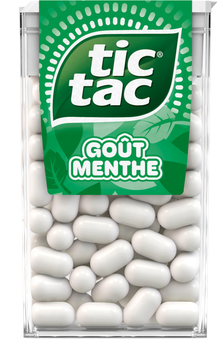 Paquet Tic Tac Menthe rempli de pastilles blanches.