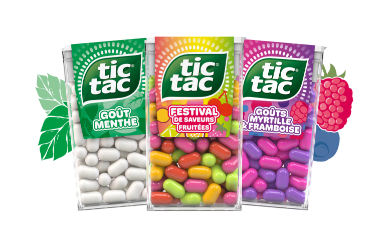 Trois paquets Tic Tac Fruit Adventure, Menthe et Orange.