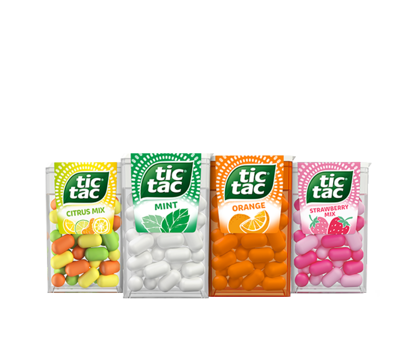 „Tic Tac® Citrus Mix“, „Tic Tac® Mint“, „Tic Tac® Orange“, „Tic Tac® Strawberry Mix“ skonių pakuotės pozityvumo spindulių fone