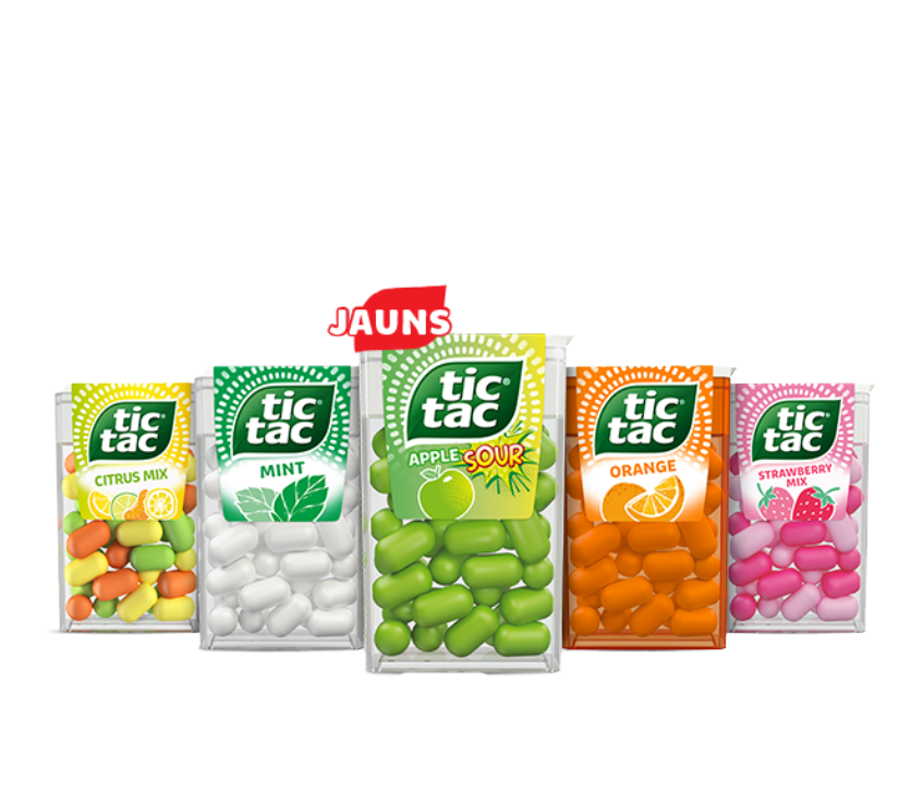 Tic Tac® Citrus Mix, Tic Tac® Mint, Tic Tac® Orange, Tic Tac® Strawberry Mix garšu iepakojumi pozitīvisma staru fonā