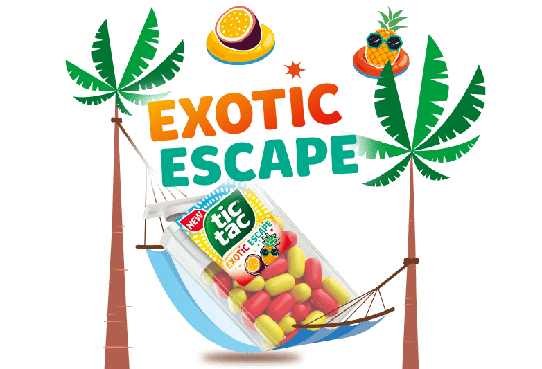 Tic Tac® Exotic Escape garšas ilustrācija ar tropisku pludmales ainu ar palmām, šūpuļtīklu, kurā iestrādāts Tic Tac® iepakojums.