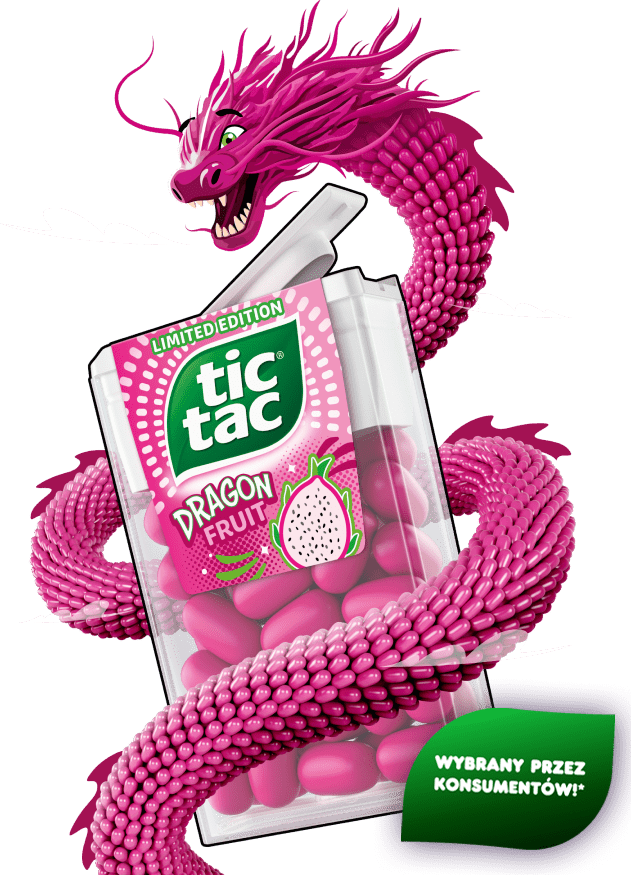 Limitowana edycja paczki Tic Tac® Dragon Fruit z jaskraworóżowym smokiem.