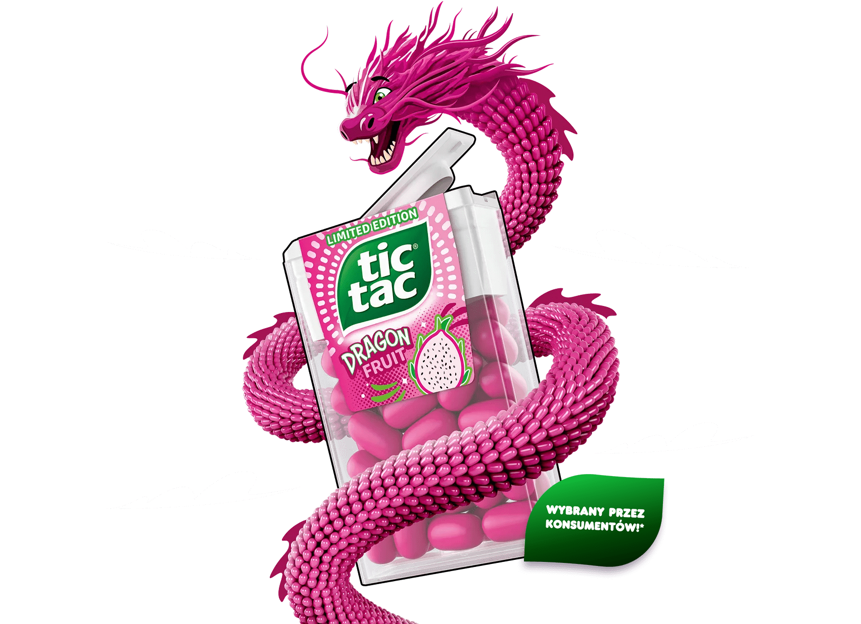 Limitowana edycja paczki Tic Tac® Dragon Fruit z jaskraworóżowym smokiem.