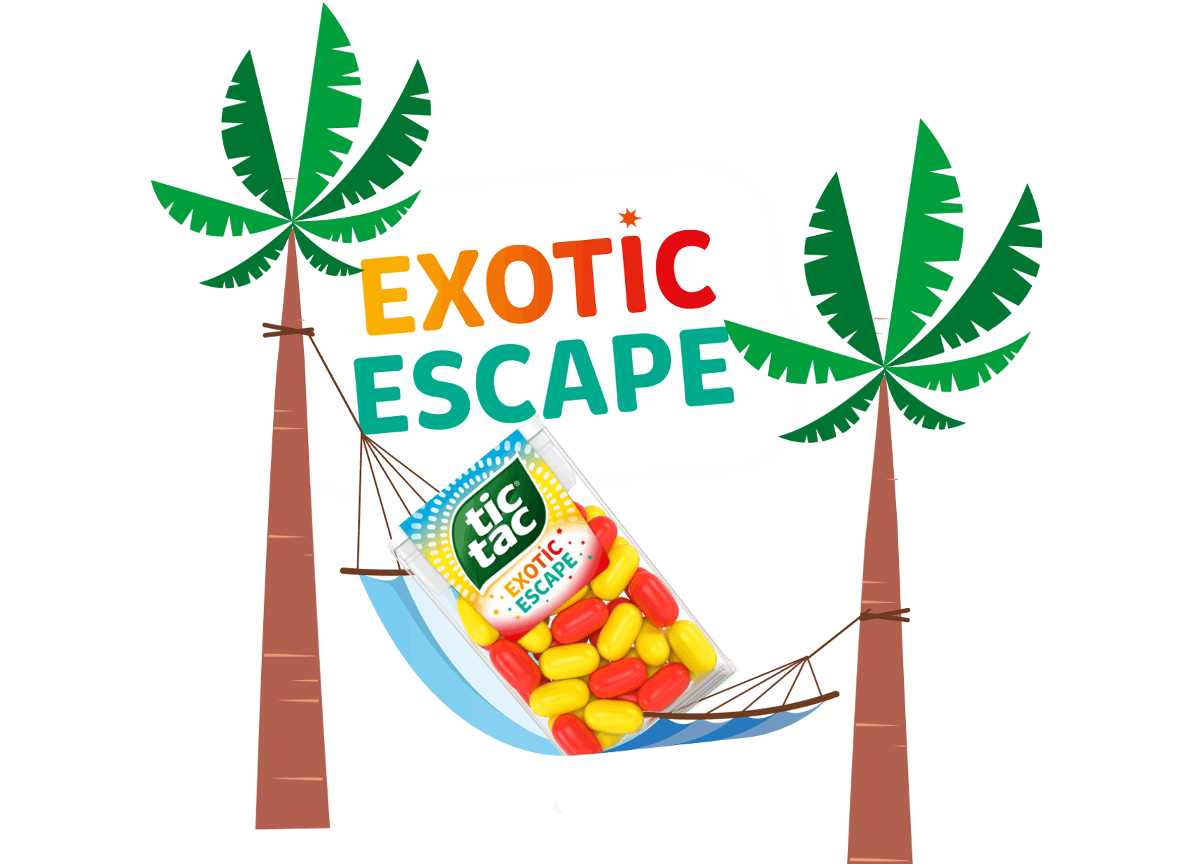 Ilustrație Tic Tac® Exotic Escape cu o plajă tropicală, palmieri și un hamac în care se află un pachet Tic Tac®.