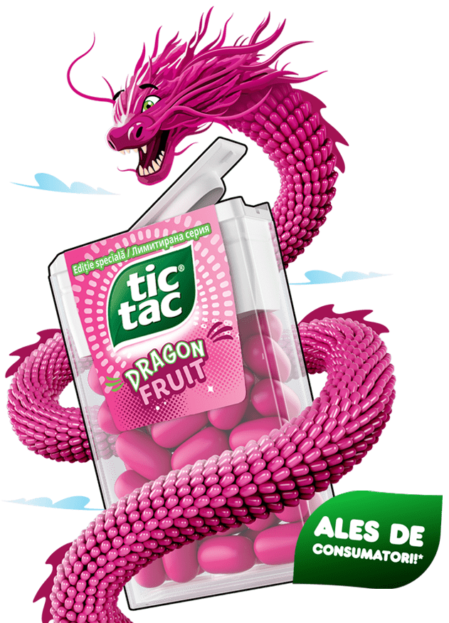 Tic Tac® Dragon Fruit înconjurat de dragon