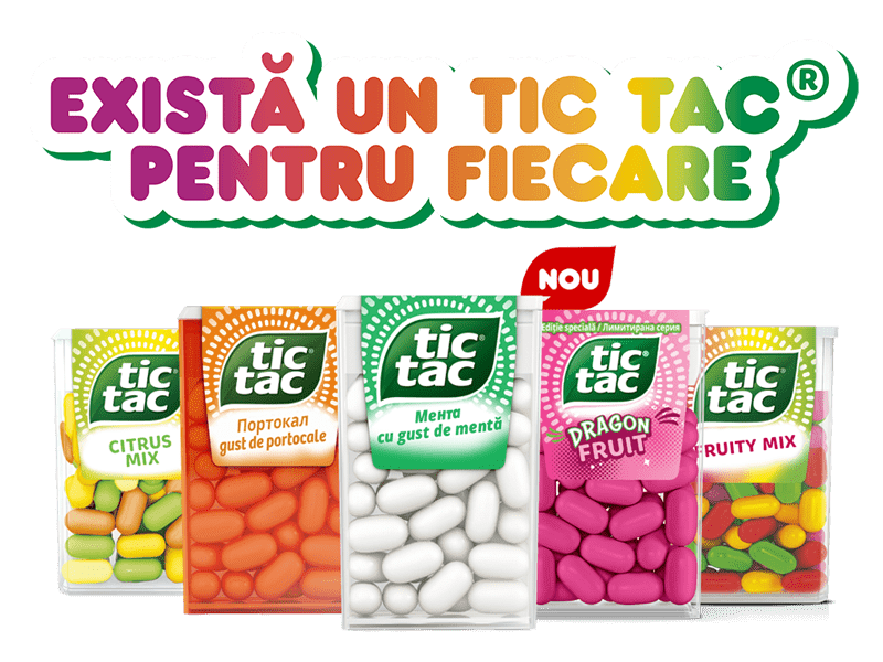 Tic Tac imagine cu cele 5 arome Tic Tac® și mesajul: Există un Tic Tac® pentru fiecare. Alege-ți un Tic Tac® pe plac!