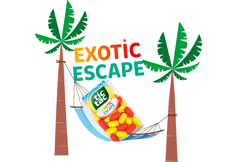 Ilustrație Tic Tac® Exotic Escape cu o plajă tropicală, palmieri și un hamac în care se află un pachet Tic Tac®.