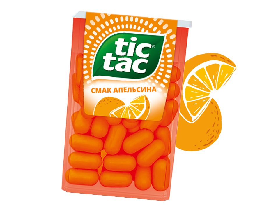 Упаковка Tic Tac® апельсин із стікером апельсина.