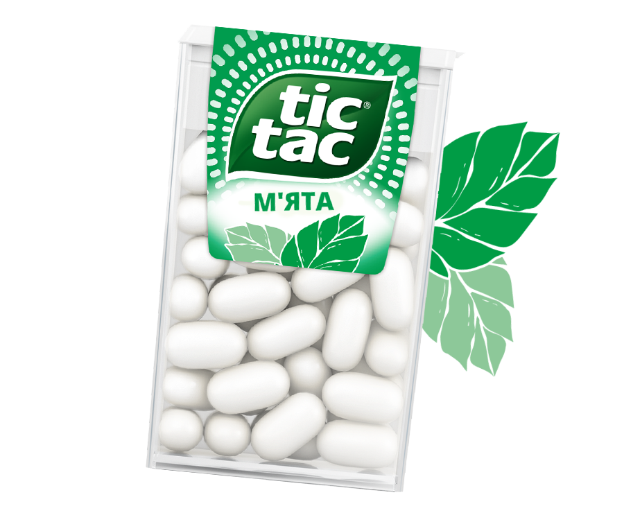 Упаковка Tic Tac® м'ята з м'ятними листями.