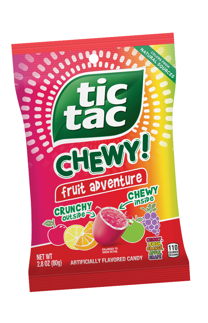Assorted TIC TAC CHEWY! fruit snacks in colorful packaging, highlighting their chewy texture and fruity flavors, perfect for snacking.