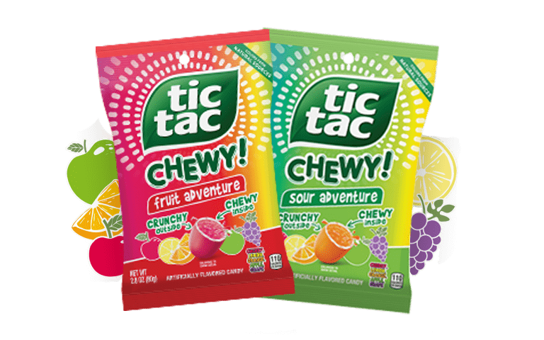 Assorted TIC TAC CHEWY! fruit snacks in colorful packaging, highlighting their chewy texture and fruity flavors, perfect for snacking.